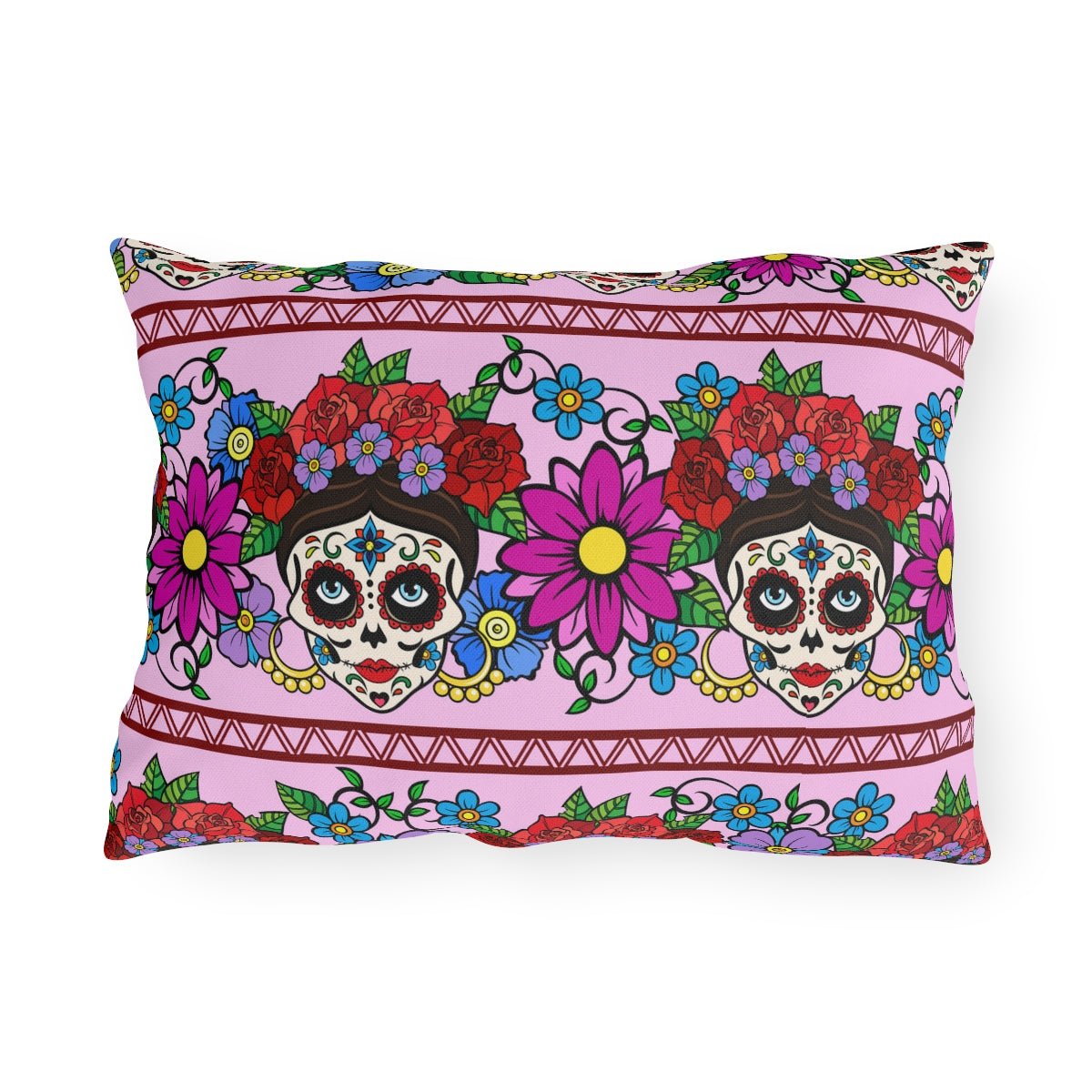 Flowers and Sugar Skulls Outdoor Pillow - Puffin Lime