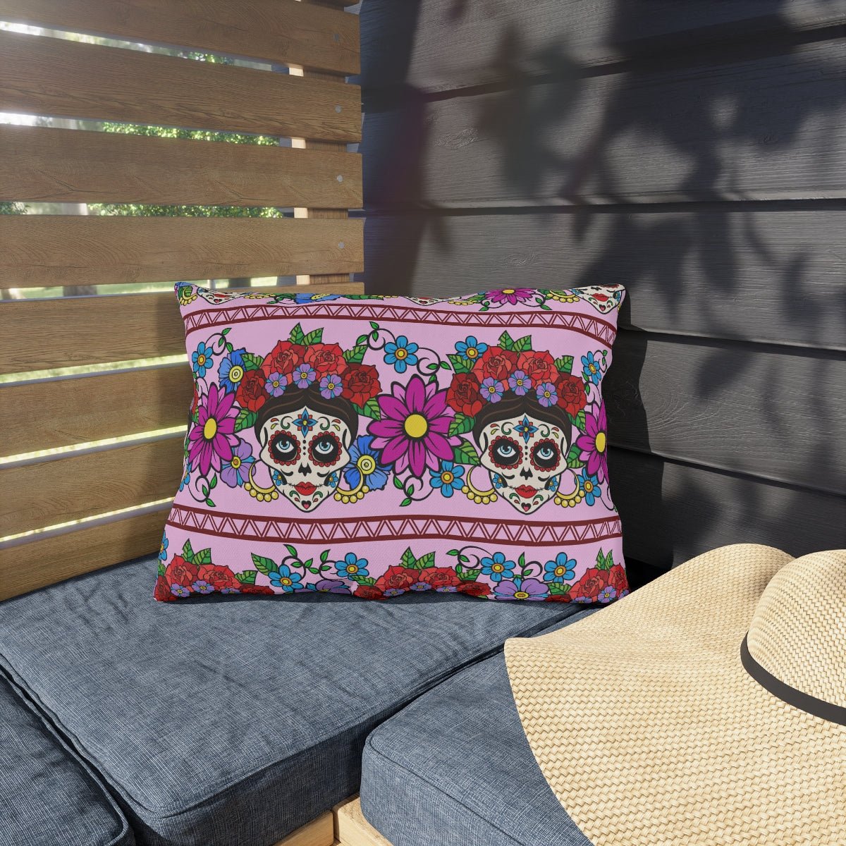 Flowers and Sugar Skulls Outdoor Pillow - Puffin Lime