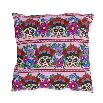 Flowers and Sugar Skulls Outdoor Pillows - Puffin Lime
