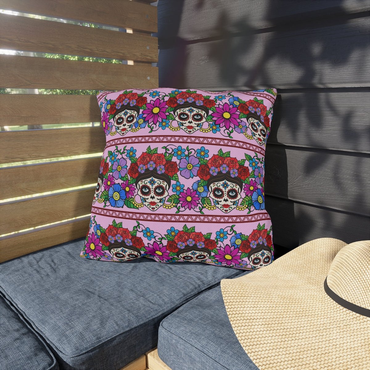 Flowers and Sugar Skulls Outdoor Pillows - Puffin Lime