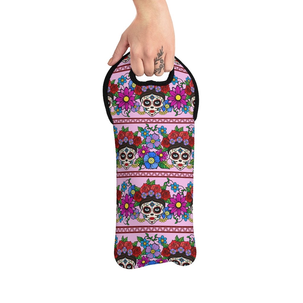 Flowers and Sugar Skulls Wine Tote Bag - Puffin Lime