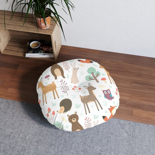 Forest Plants and Animals Round Tufted Floor Pillow - Puffin Lime