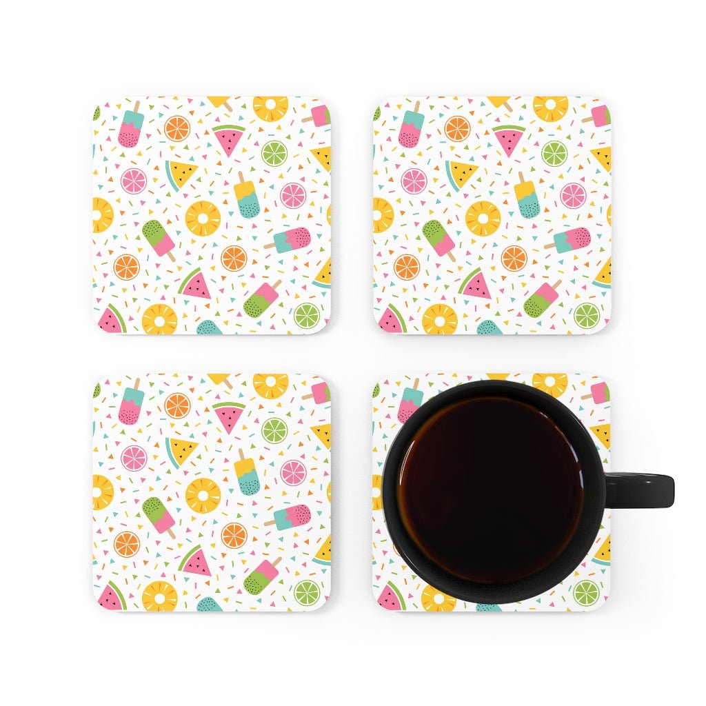 Fruits and Ice Cream Corkwood Coaster Set - Puffin Lime