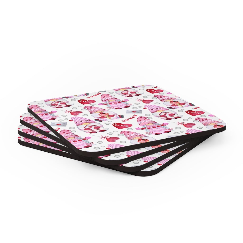 Gnomes and Hearts Corkwood Coaster Set - Puffin Lime