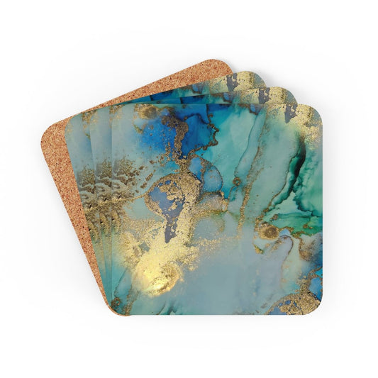 Gold and Blue Marble Corkwood Coaster Set - Puffin Lime