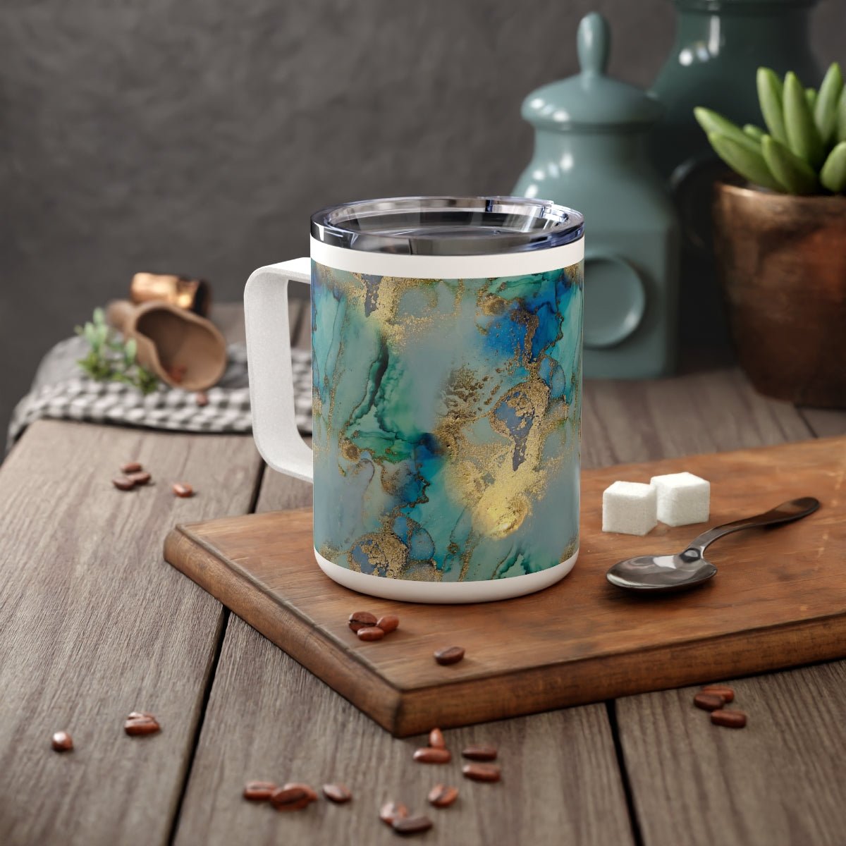 Gold and Blue Marble Insulated Coffee Mug, 10oz - Puffin Lime