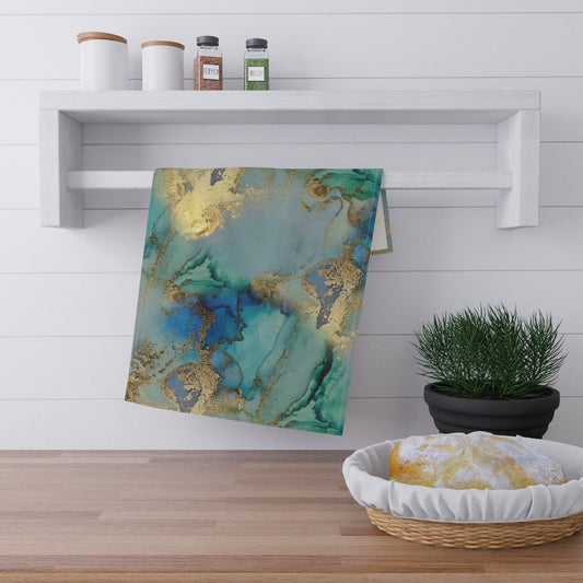 Gold and Blue Marble Kitchen Towel - Puffin Lime