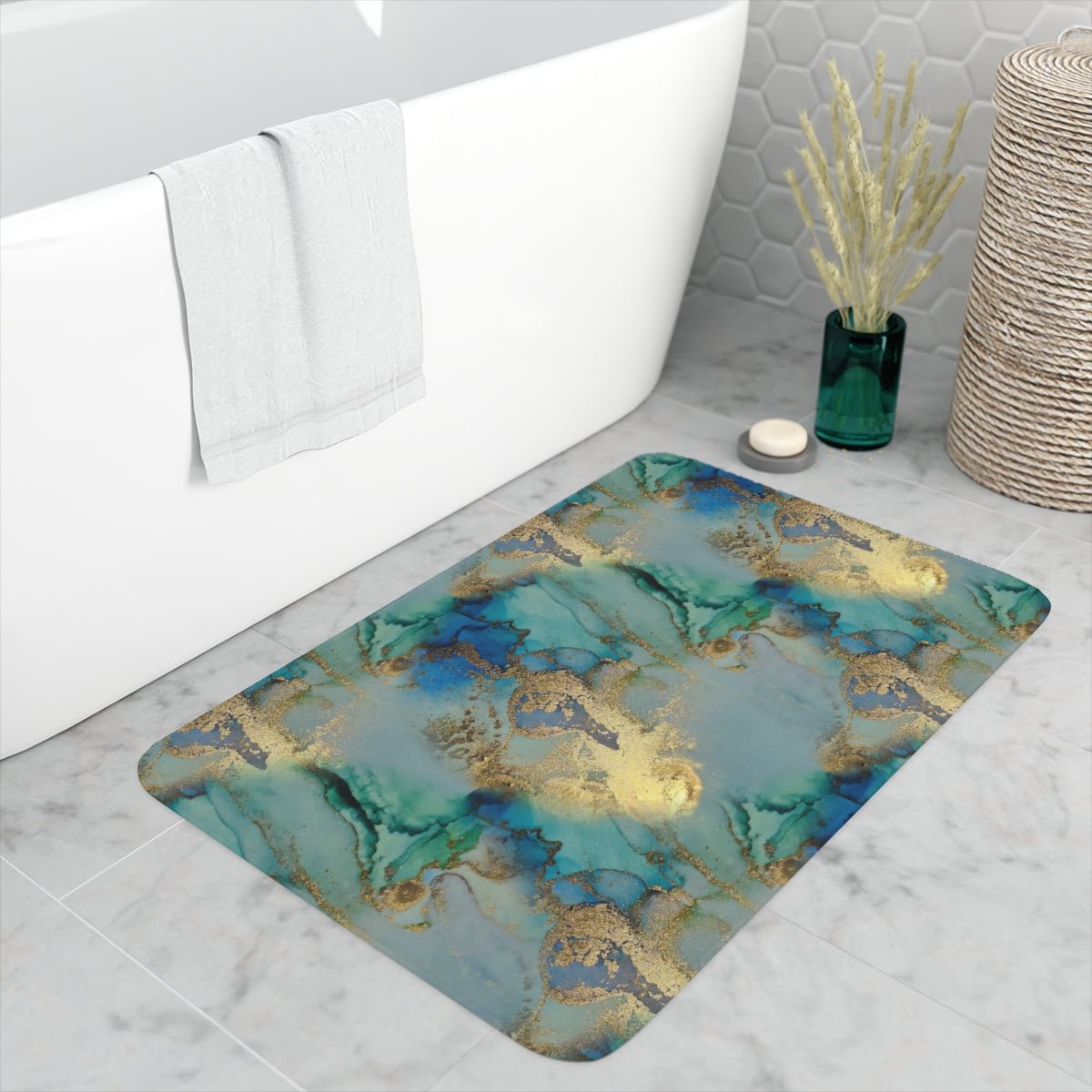 Gold and Blue Marble Memory Foam Bath Mat - Puffin Lime