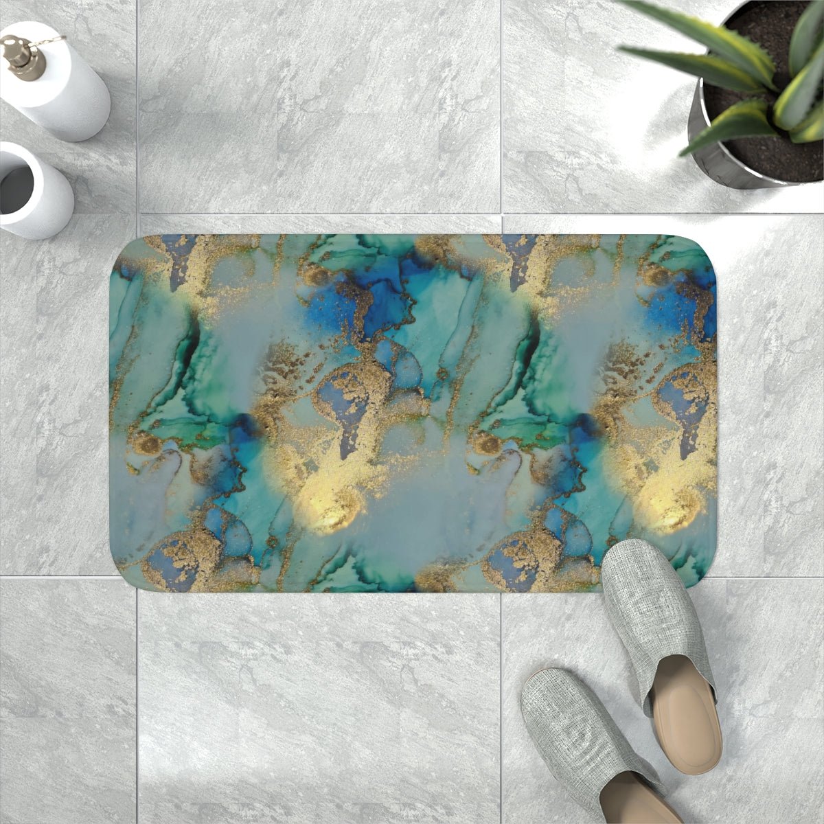 Gold and Blue Marble Memory Foam Bath Mat - Puffin Lime
