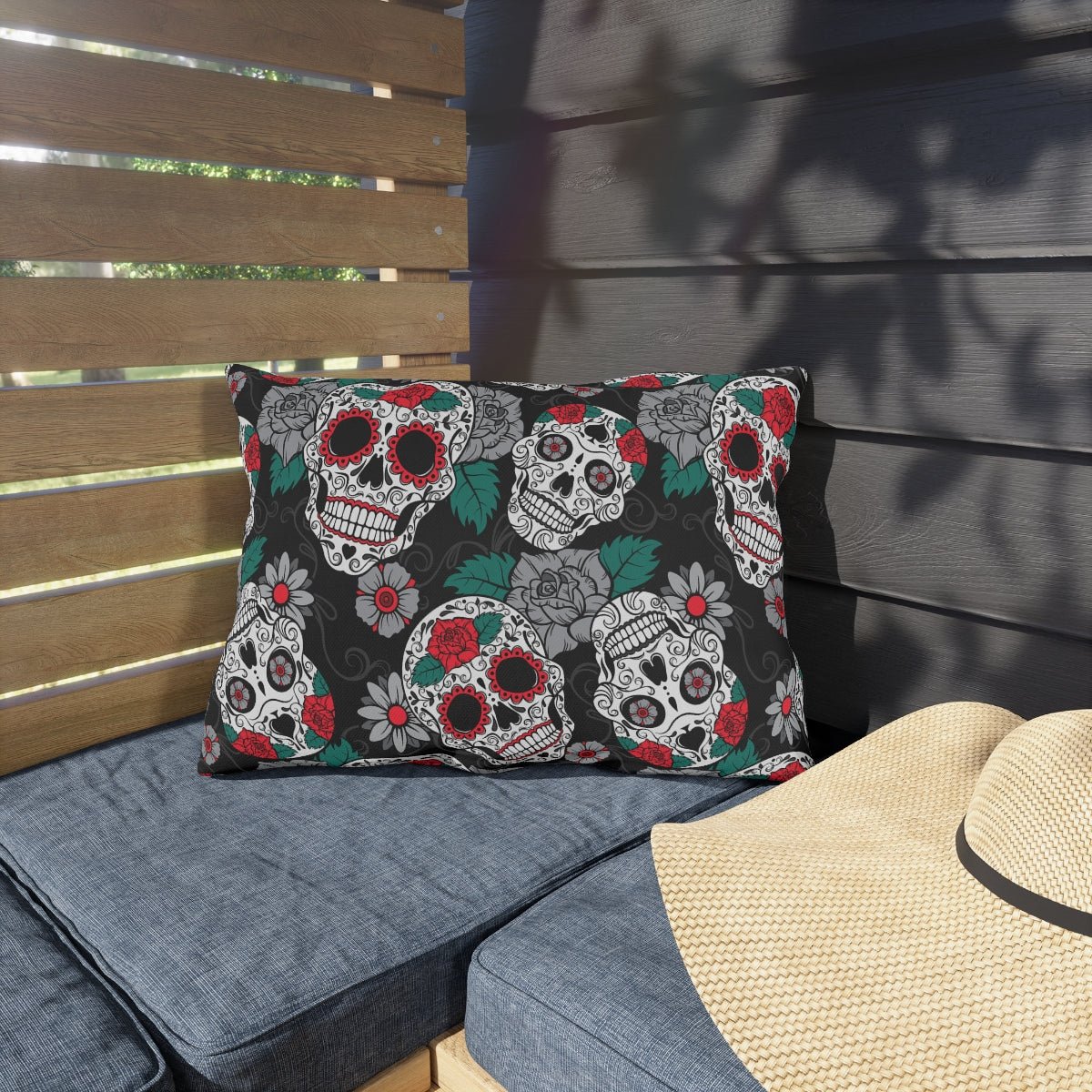 Gothic Sugar Skulls Outdoor Pillow - Puffin Lime