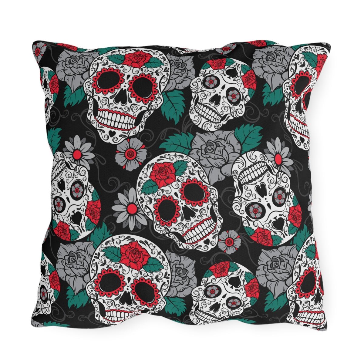 Gothic Sugar Skulls Outdoor Pillow - Puffin Lime