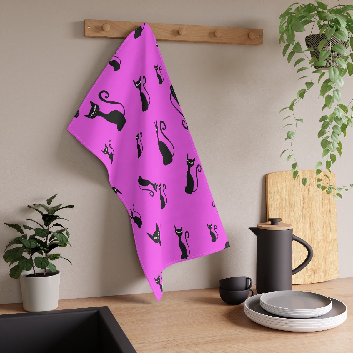 Halloween Black Siamese Cats Kitchen Towel - Puffin Lime