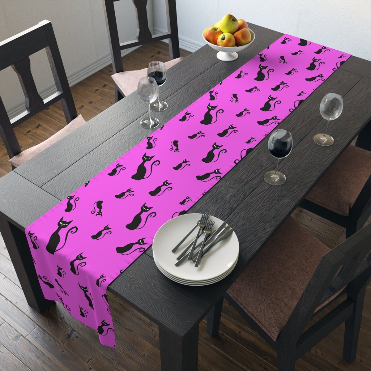 Halloween Black Siamese Cats Table Runner - Puffin Lime