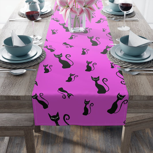 Halloween Black Siamese Cats Table Runner - Puffin Lime