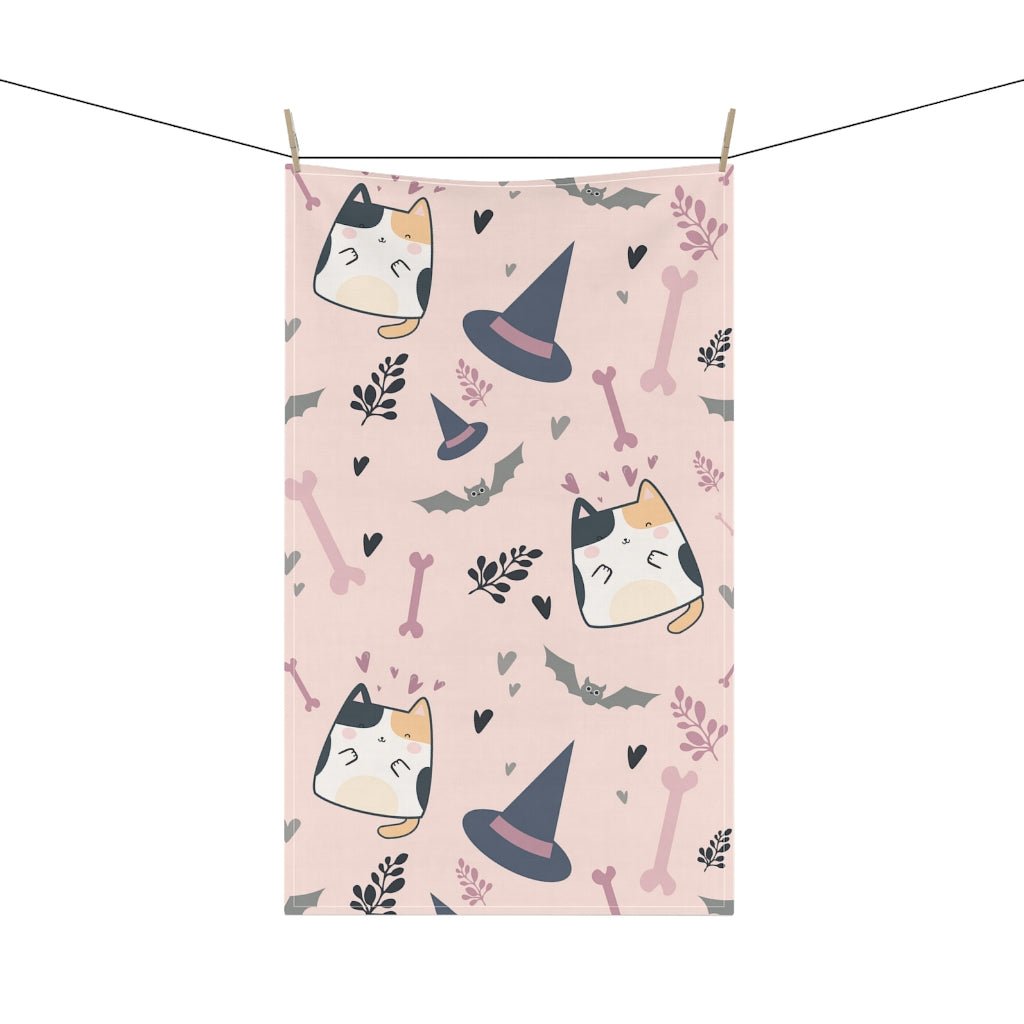 Halloween Cats and Bats Dish Towel - Puffin Lime
