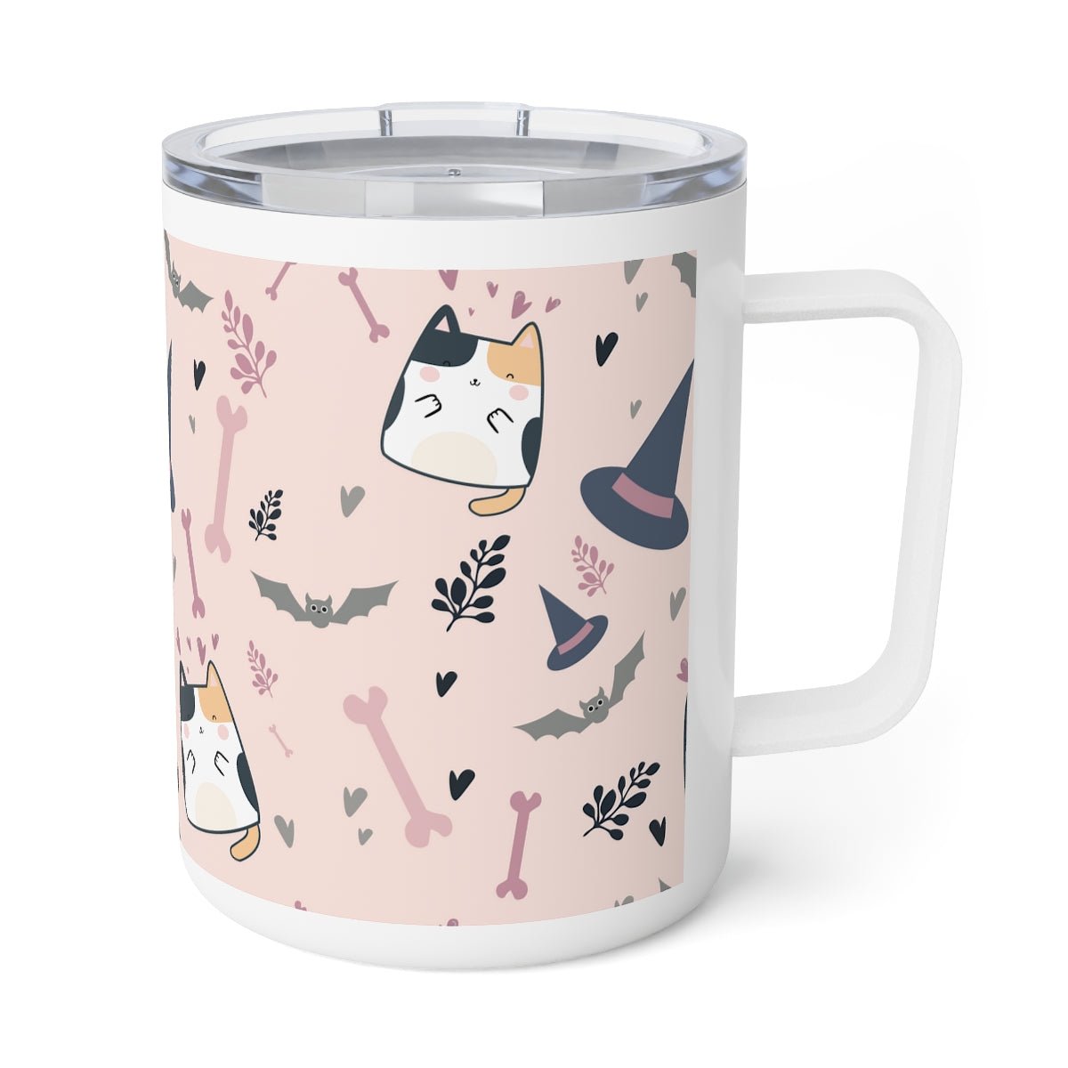 Halloween Cats and Bats Insulated Coffee Mug, 10oz - Puffin Lime