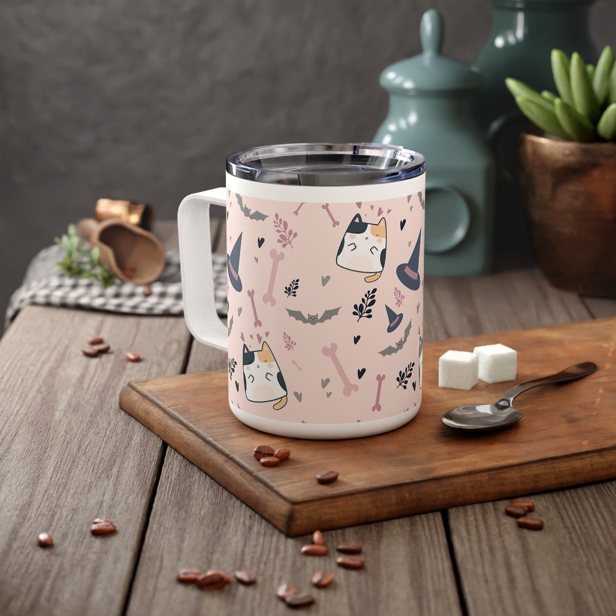 Halloween Cats and Bats Insulated Coffee Mug, 10oz - Puffin Lime