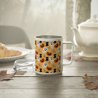 Halloween Cats and Ghosts Insulated Coffee Mug, 10oz - Puffin Lime