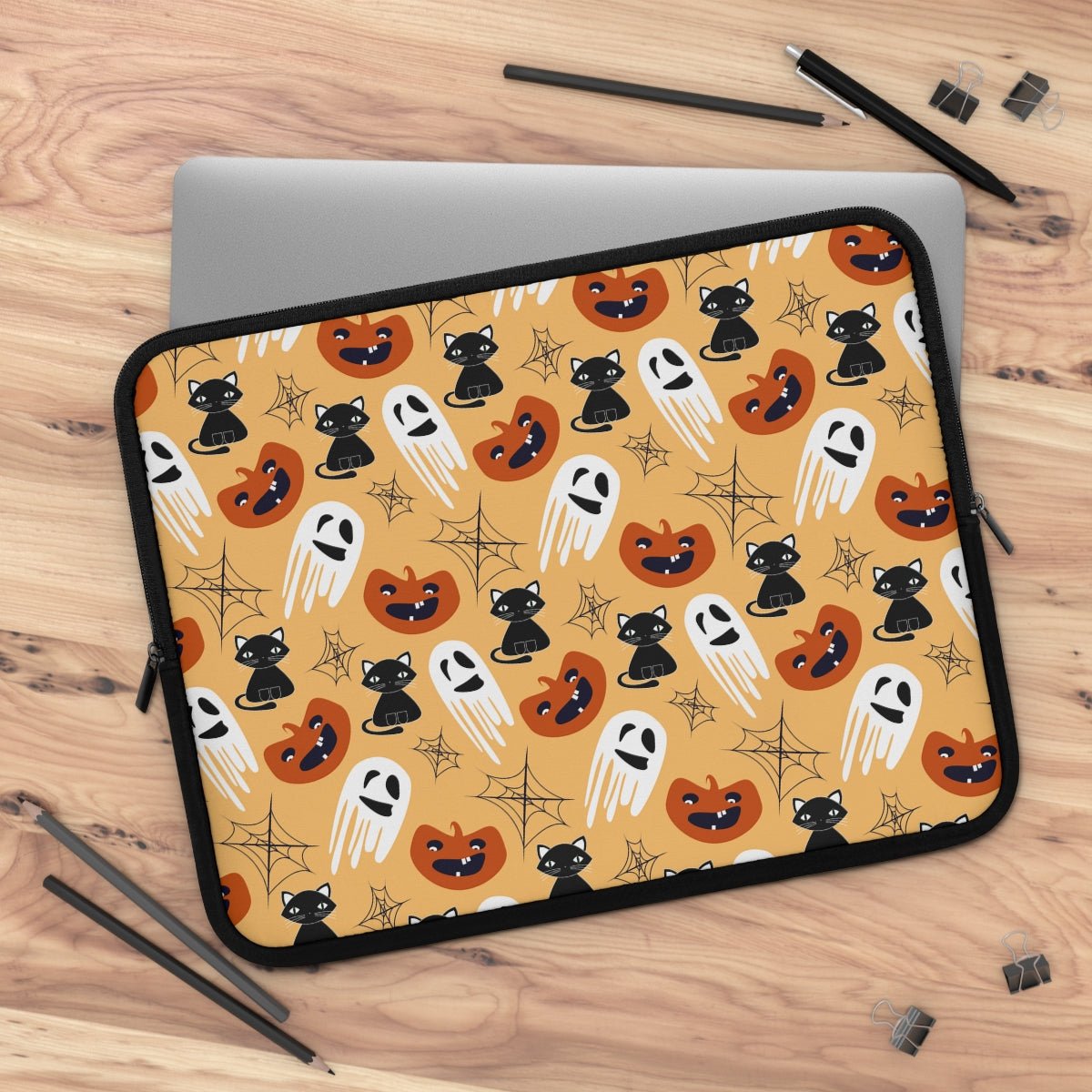 Halloween Cats and Ghosts Laptop Sleeve - Puffin Lime