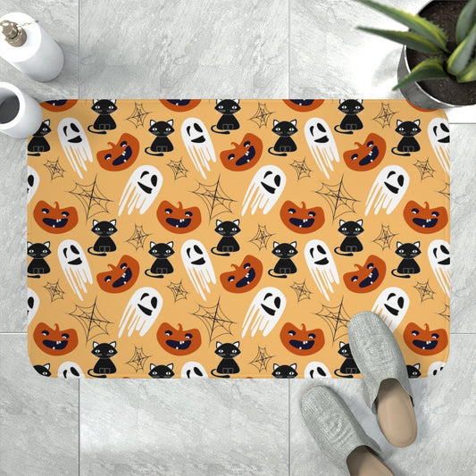 Halloween Cats and Ghosts Memory Foam Bath Mat - Puffin Lime