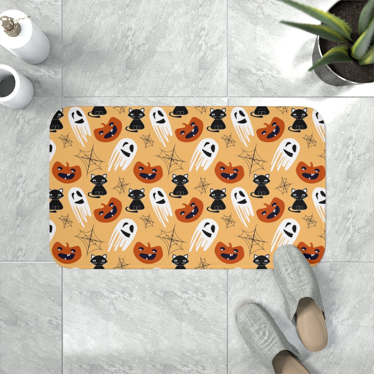 Halloween Cats and Ghosts Memory Foam Bath Mat - Puffin Lime
