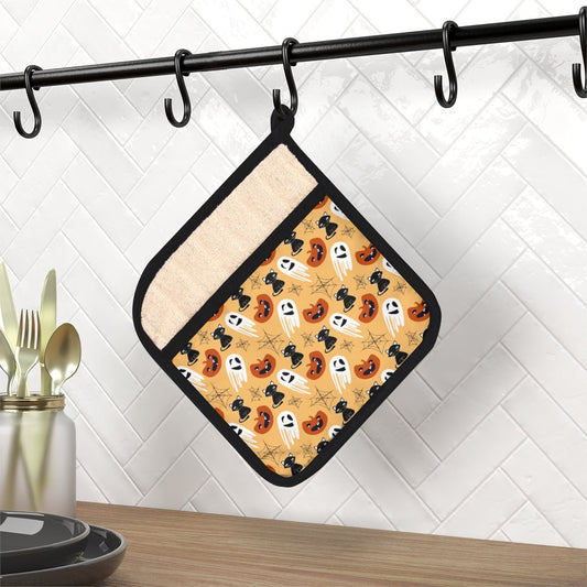 Halloween Cats and Ghosts Pot Holder with Pocket - Puffin Lime