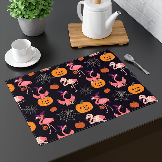 Halloween Flamingos Cotton Placemat - Puffin Lime