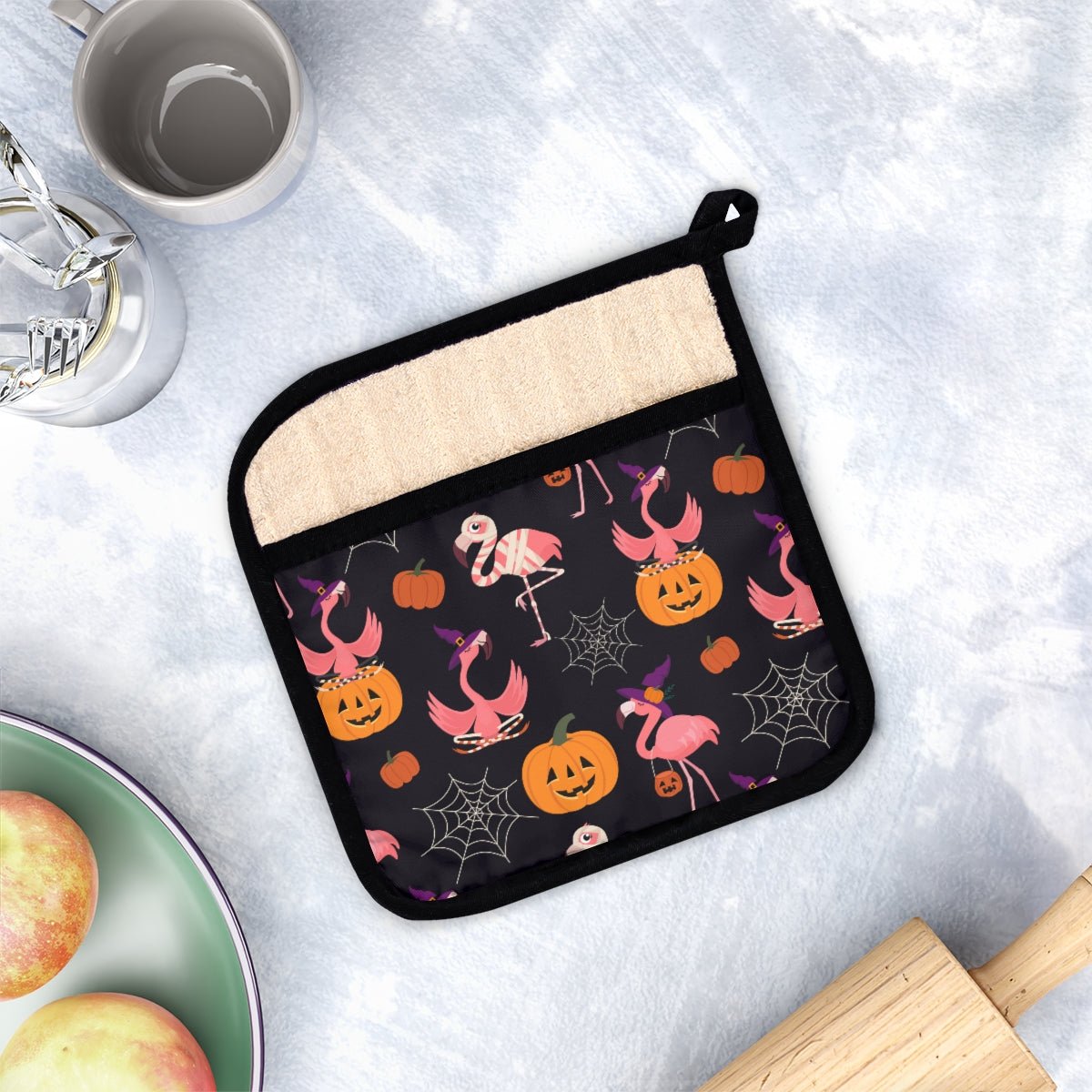 Halloween Flamingos Pot Holder with Pocket - Puffin Lime