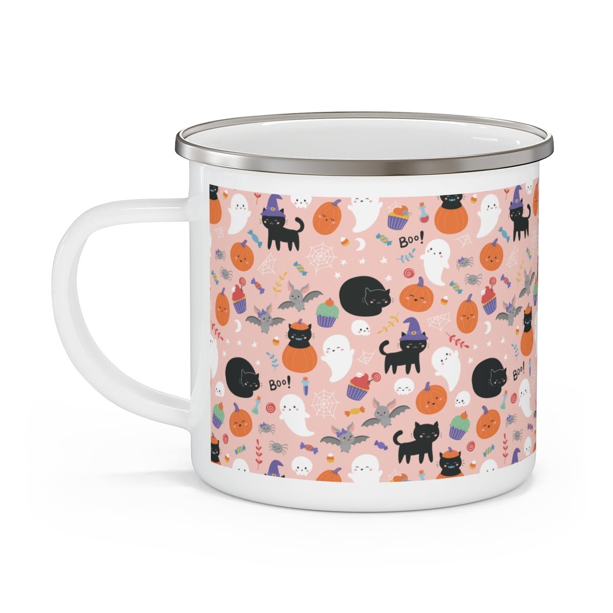 Halloween Ghosts and Black Cats Enamel Camping Mug - Puffin Lime