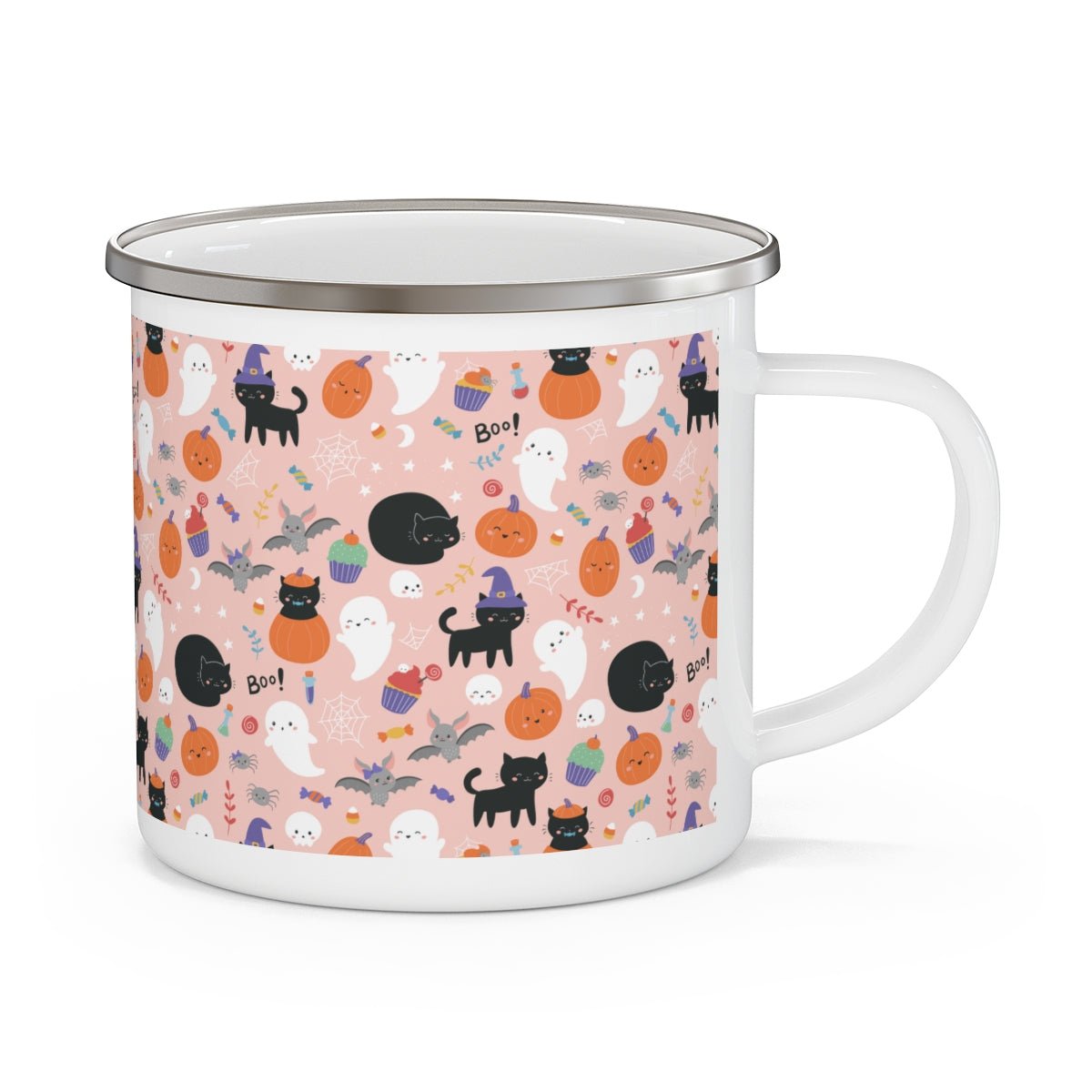 Halloween Ghosts and Black Cats Enamel Camping Mug - Puffin Lime
