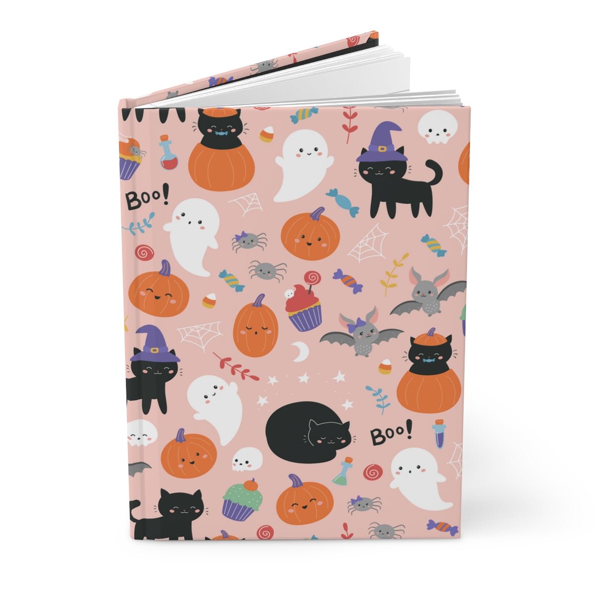 Halloween Ghosts and Black Cats Hardcover Journal - Puffin Lime