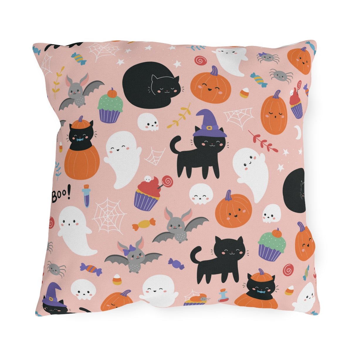 Halloween Ghosts and Black Cats Outdoor Pillow - Puffin Lime