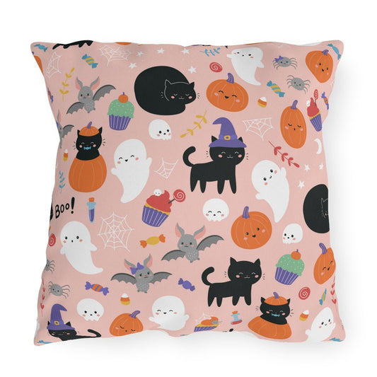 Halloween Ghosts and Black Cats Outdoor Pillow - Puffin Lime