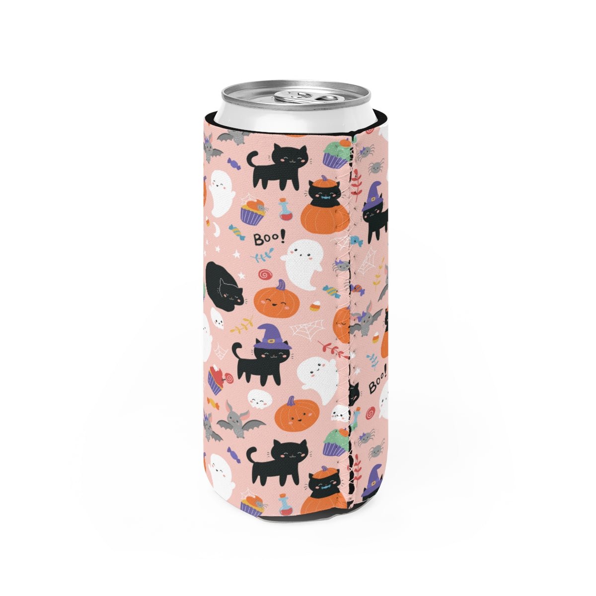 Halloween Ghosts and Black Cats Slim Can Cooler - Puffin Lime
