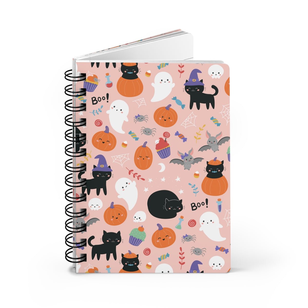 Halloween Ghosts and Black Cats Spiral Bound Journal - Puffin Lime