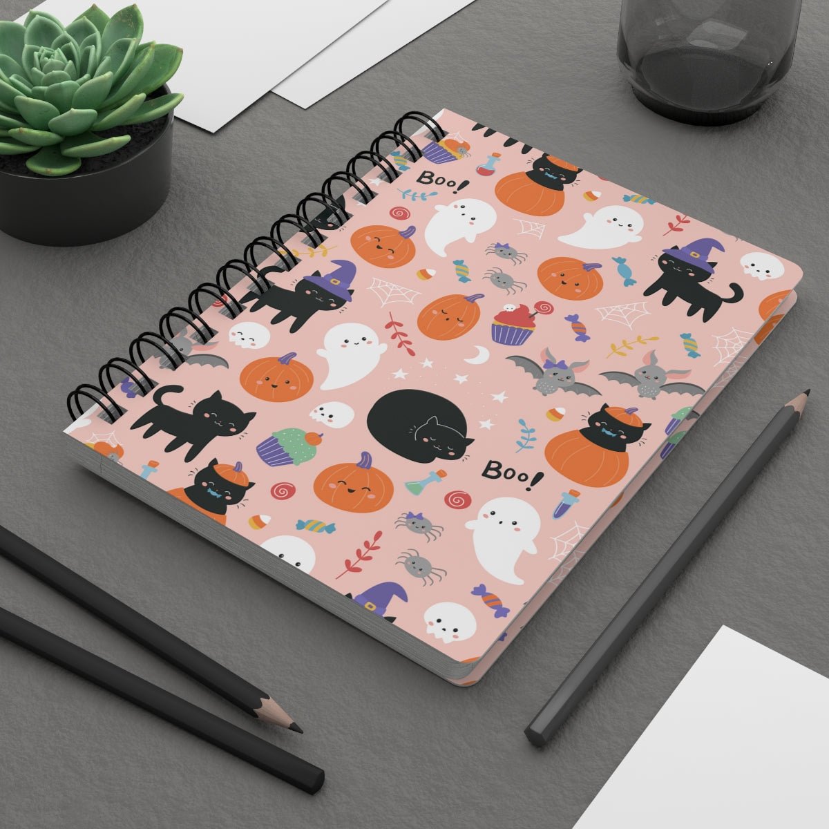 Halloween Ghosts and Black Cats Spiral Bound Journal - Puffin Lime