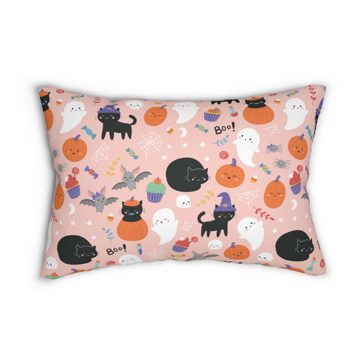Halloween Ghosts and Black Cats Spun Polyester Lumbar Pillow - Puffin Lime