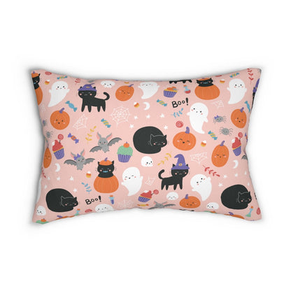 Halloween Ghosts and Black Cats Spun Polyester Lumbar Pillow - Puffin Lime