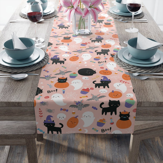 Halloween Ghosts and Black Cats Table Runner - Puffin Lime
