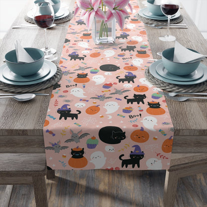 Halloween Ghosts and Black Cats Table Runner - Puffin Lime