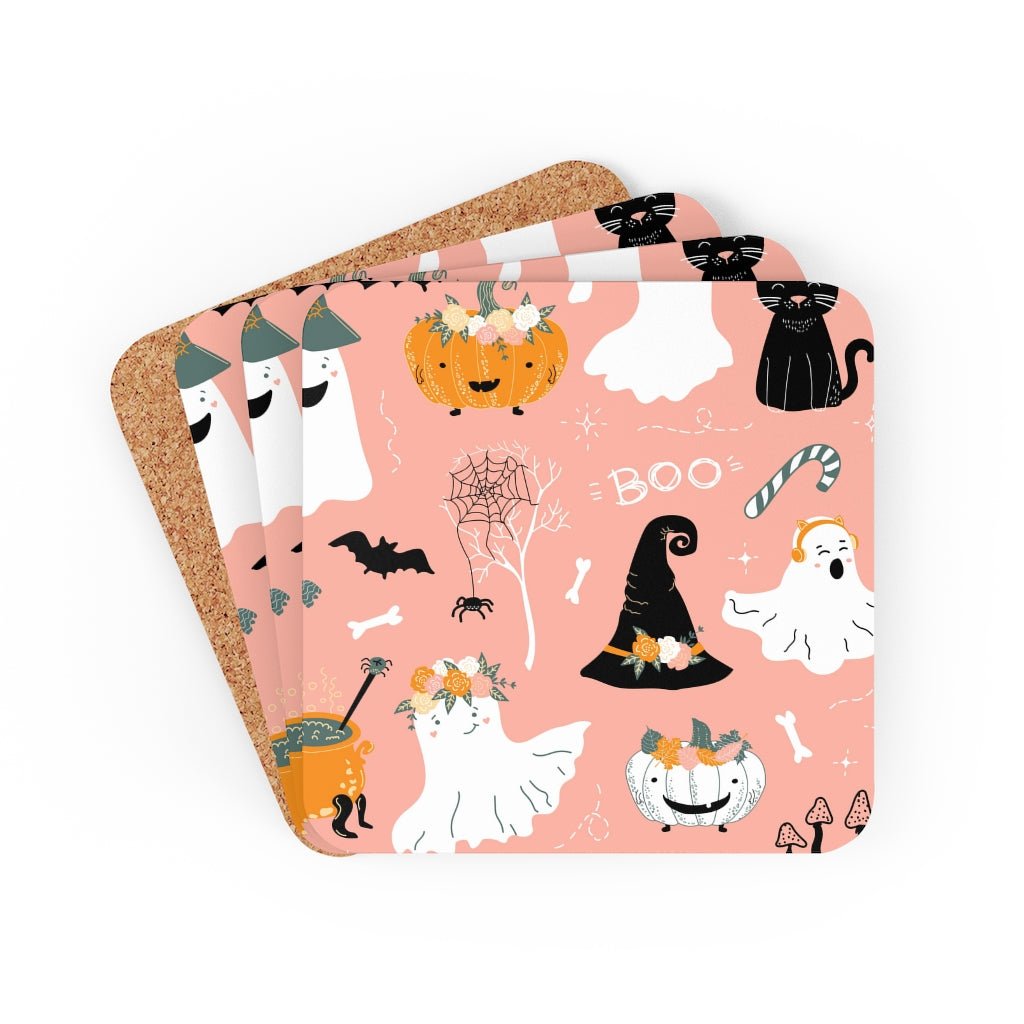 Halloween Ghosts and Pumpkins Corkwood Coaster Set - Puffin Lime