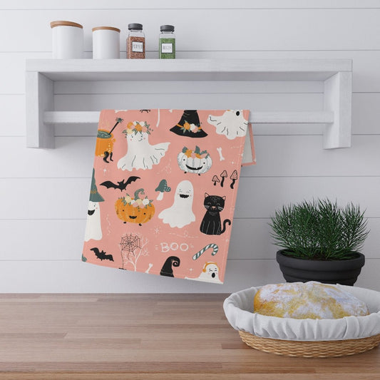 Halloween Ghosts and Pumpkins Dish Towel - Puffin Lime
