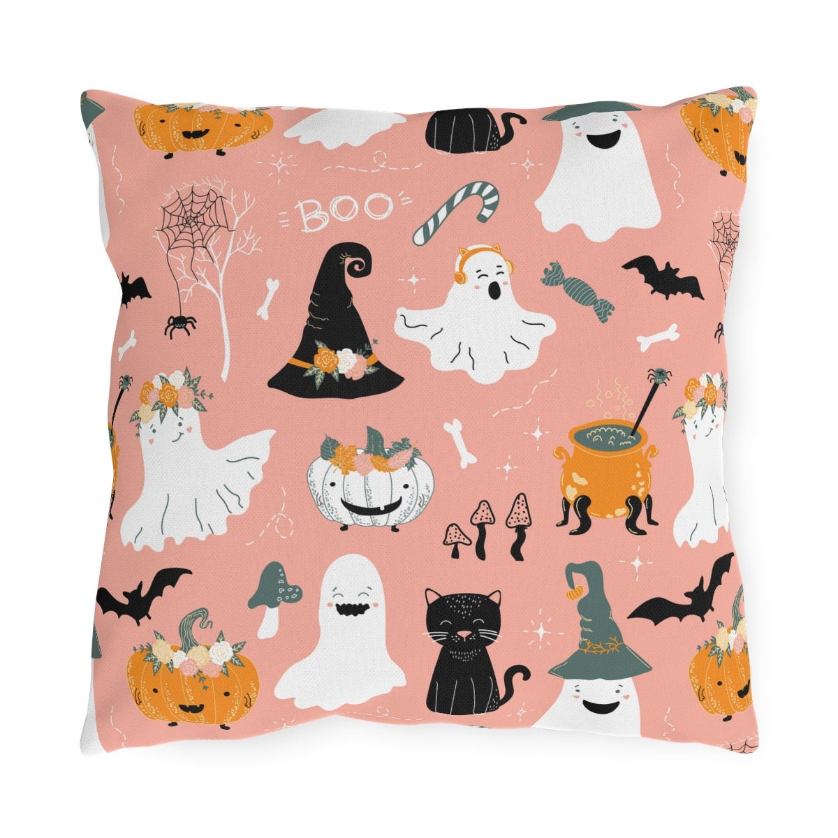 Halloween Ghosts and Pumpkins Outdoor Pillow - Puffin Lime