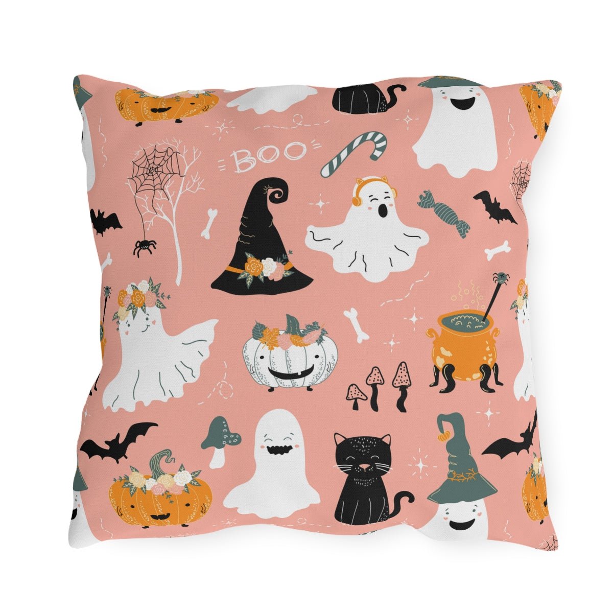 Halloween Ghosts and Pumpkins Outdoor Pillow - Puffin Lime