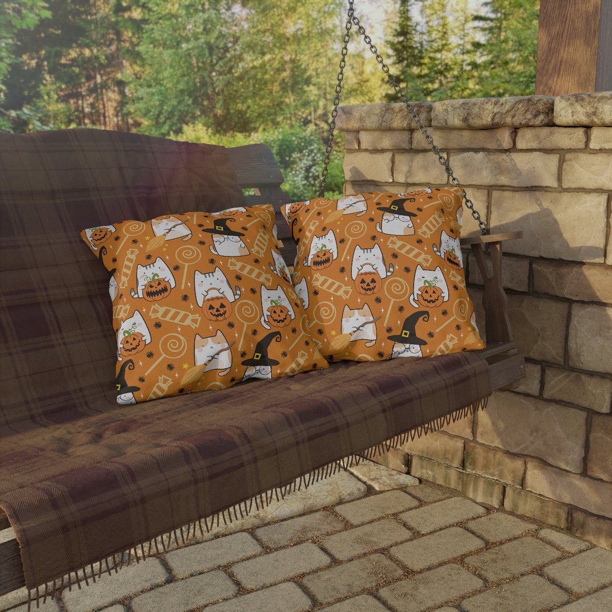Halloween Kawaii Cats and Candies Outdoor Pillows - Puffin Lime