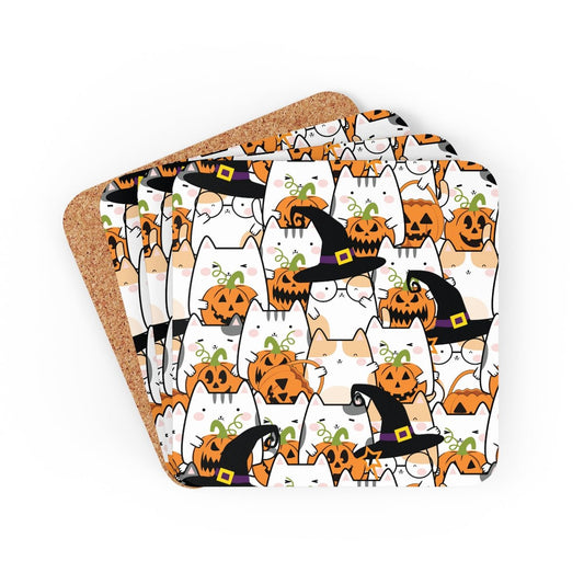 Halloween Kawaii Cats and Pumpkins Corkwood Coaster Set - Puffin Lime