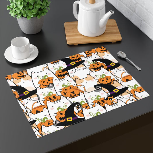 Halloween Kawaii Cats and Pumpkins Cotton Placemat - Puffin Lime