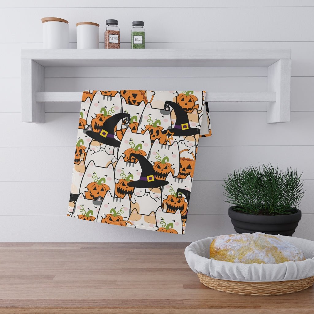 Halloween Kawaii Cats and Pumpkins Dish Towel - Puffin Lime