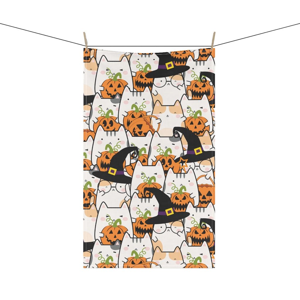 Halloween Kawaii Cats and Pumpkins Dish Towel - Puffin Lime