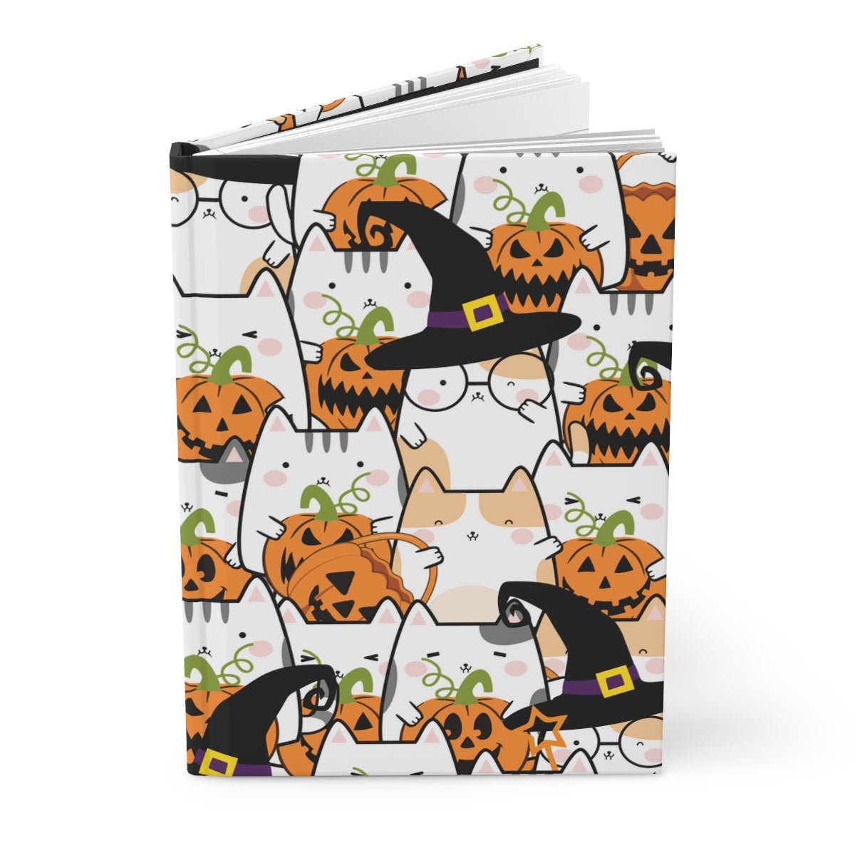 Halloween Kawaii Cats and Pumpkins Hardcover Journal Matte - Puffin Lime